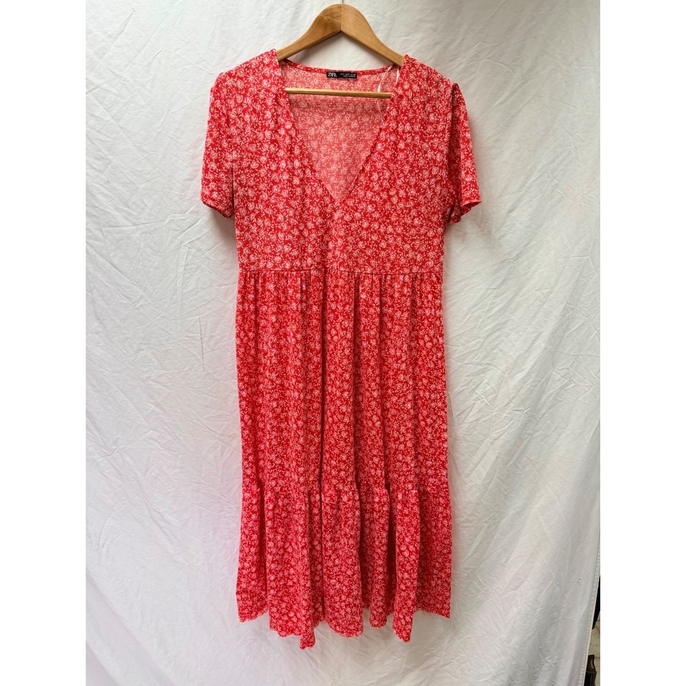 Zara Red Floral Tiered Midi Dress V-Neck Short Sleeve Ditsy Print Womens Small